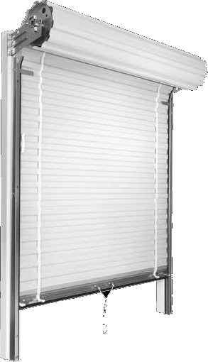 Roll-up door showing the overhead roll and mounting brackets